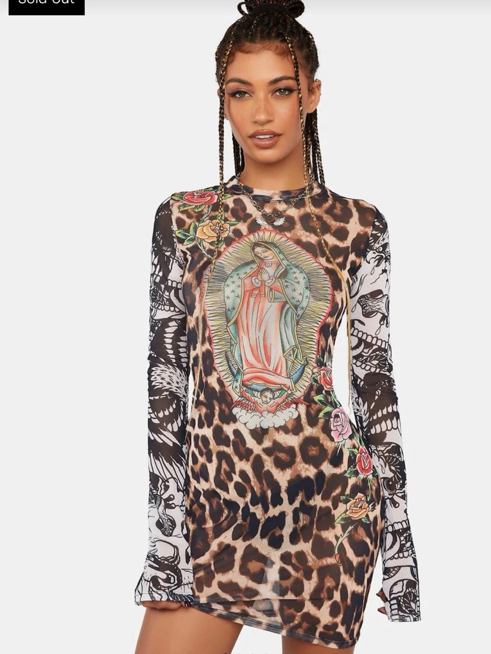 Ed Hardy x Dolls Kill Virgin Mary Leopard Mesh Tee Mini Dress Women’s Medium NEW - Picture 10 of 10
